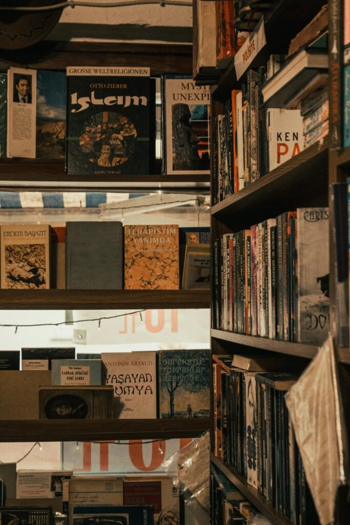 A warm photo depicting a cozy bookshop with diverse literature.